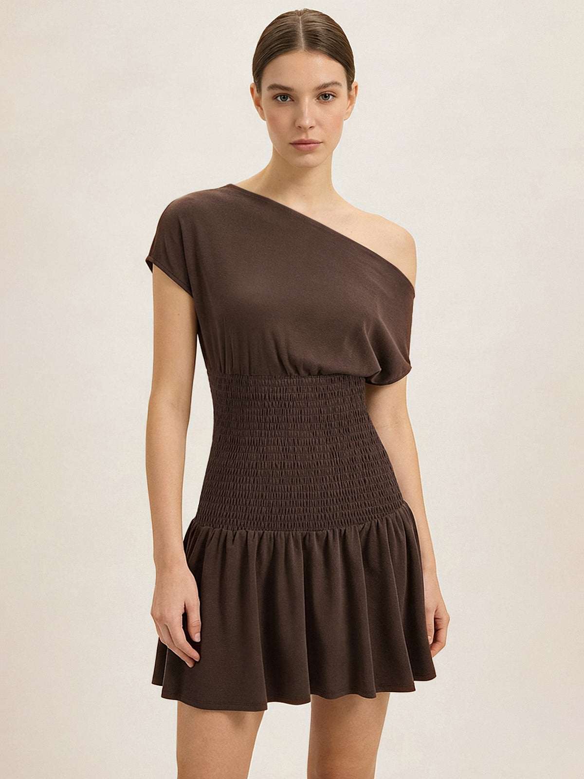One Shoulder Smocked Waist Mini Dress Flattering Summer Party Outfit