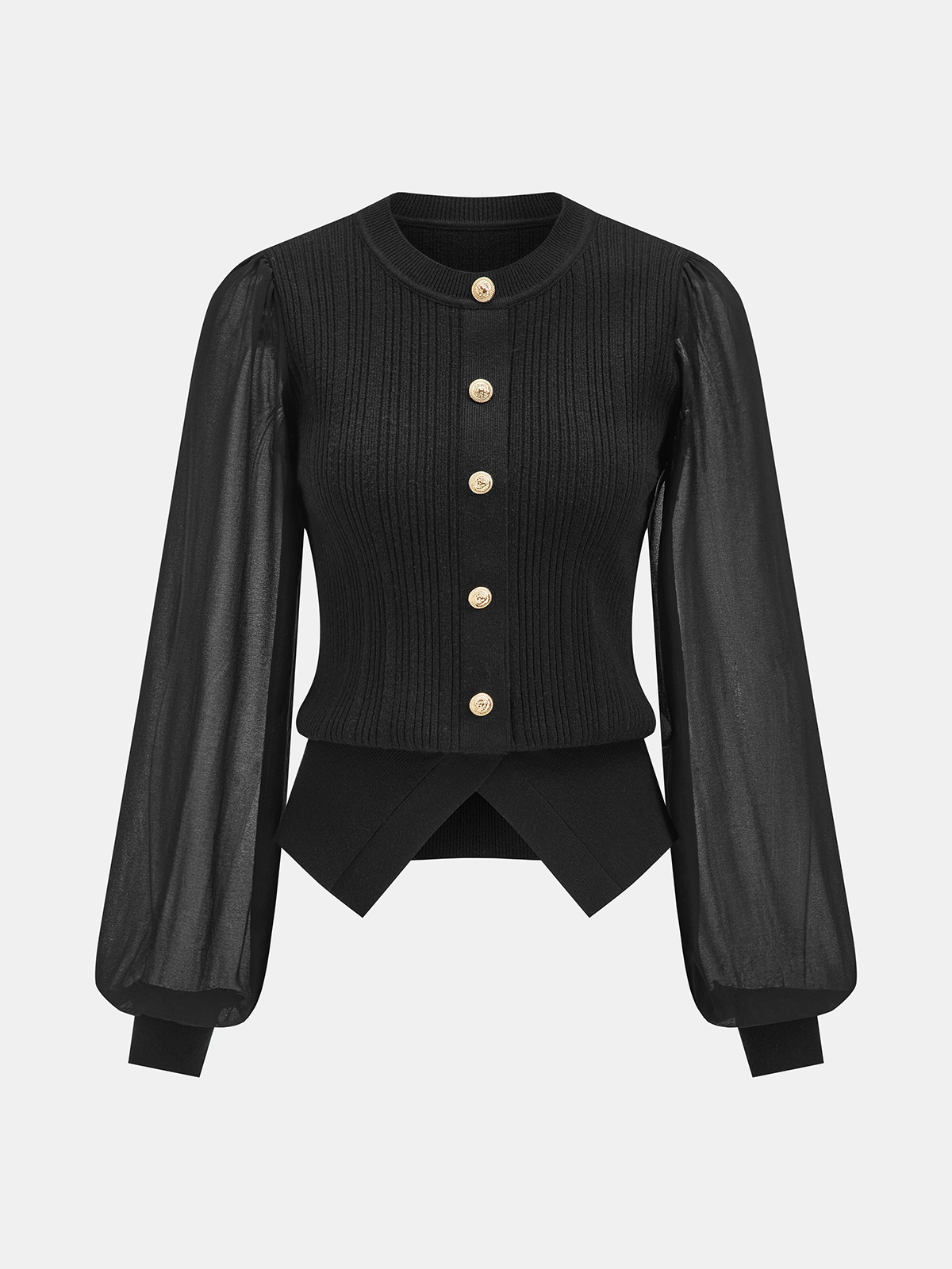 Sheer Sleeve Metal Button Ribbed Knit Cardigan Women's Fashion Sweater