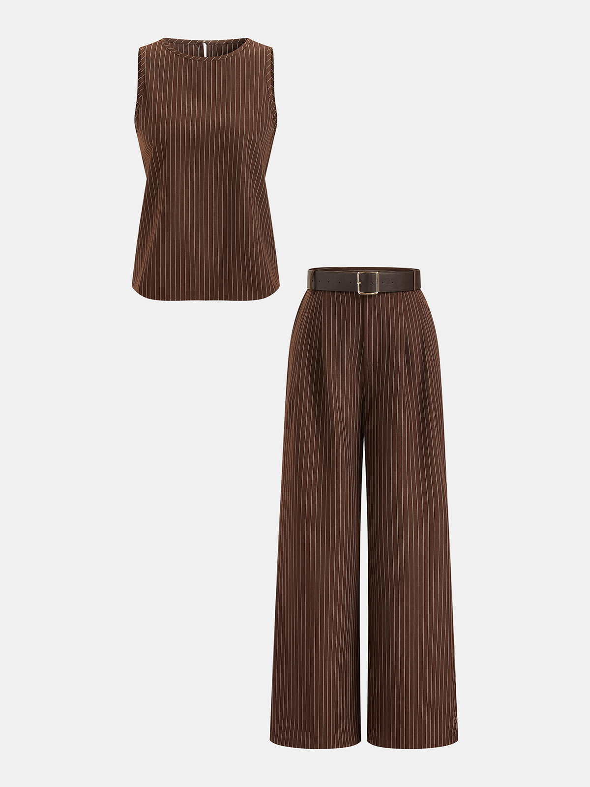 Pinstripe Sleeveless Top and Pants Set with Belt, Elegant Office Women's Outfit