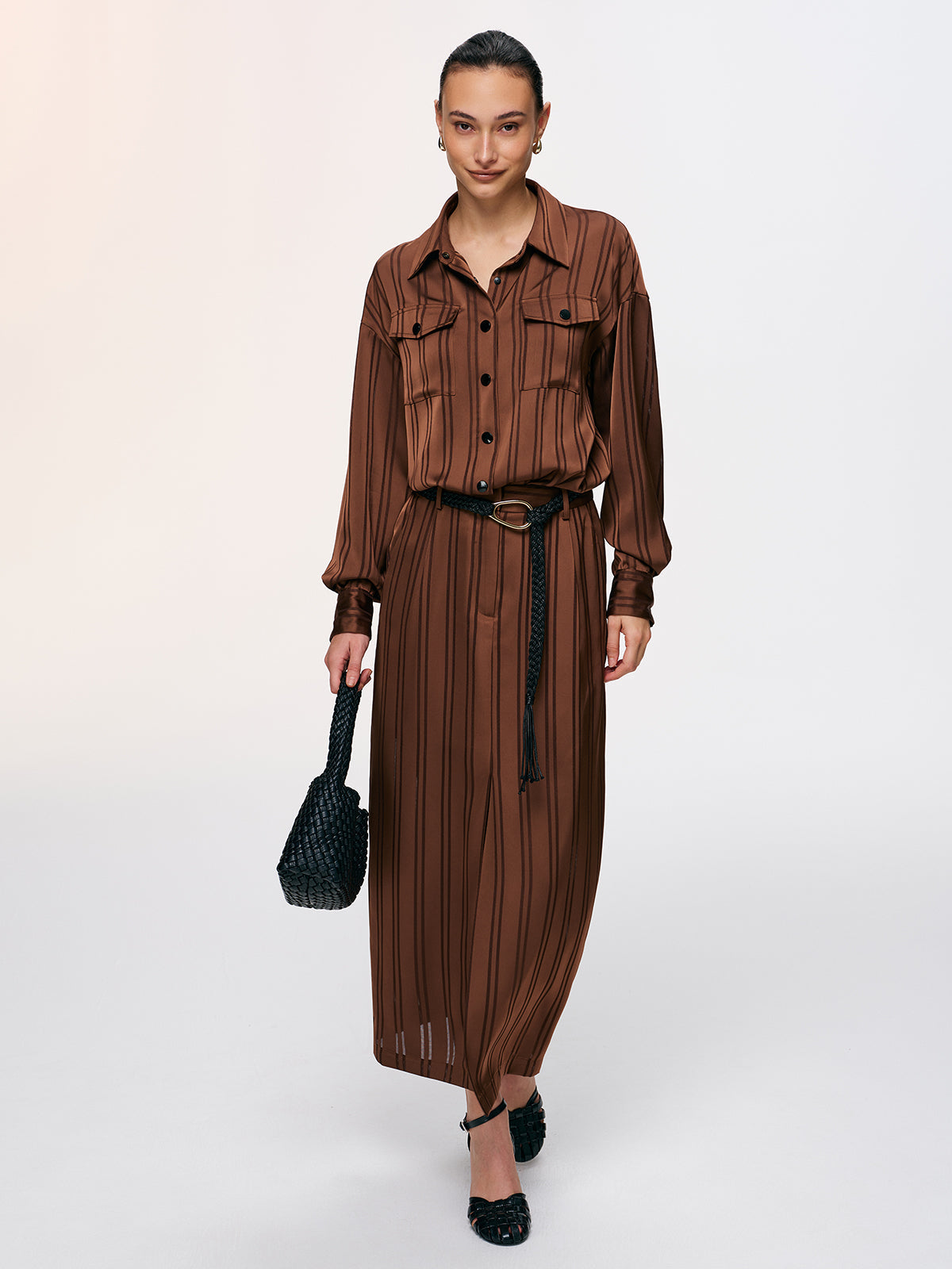 Striped Shirt & Midi Skirt Set for Casual Wear