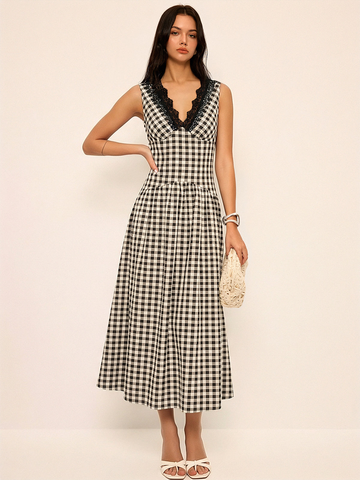 Sleeveless Lace Trim Gingham Maxi Dress for Women Summer Breezy Style