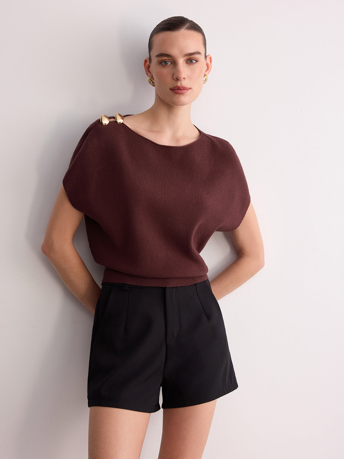 Metal Detail Batwing Sleeve Oversized Knit Top Cozy Casual Women’s Fashion Sweater