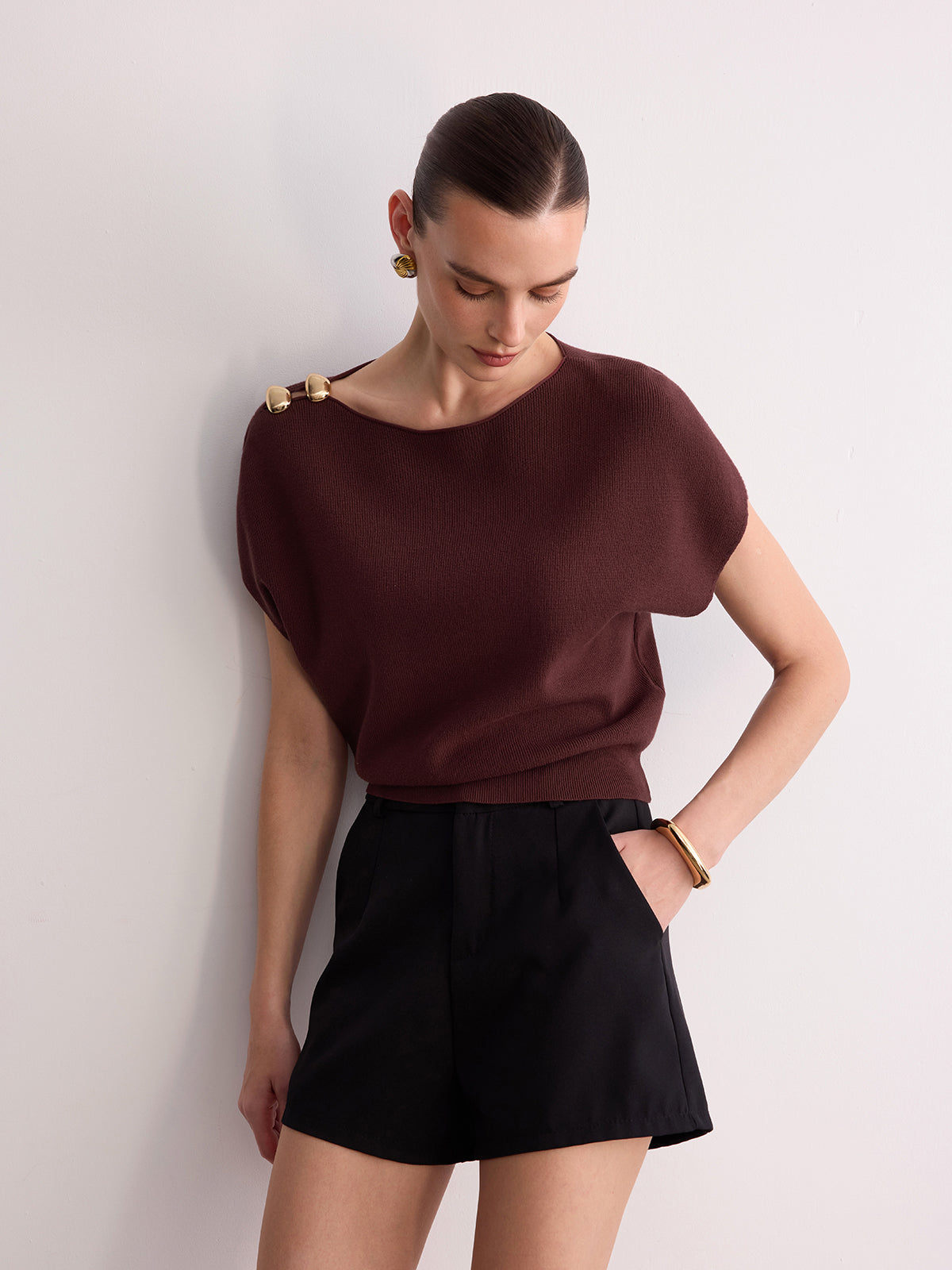 Metal Detail Batwing Sleeve Oversized Knit Top Cozy Casual Women’s Fashion Sweater