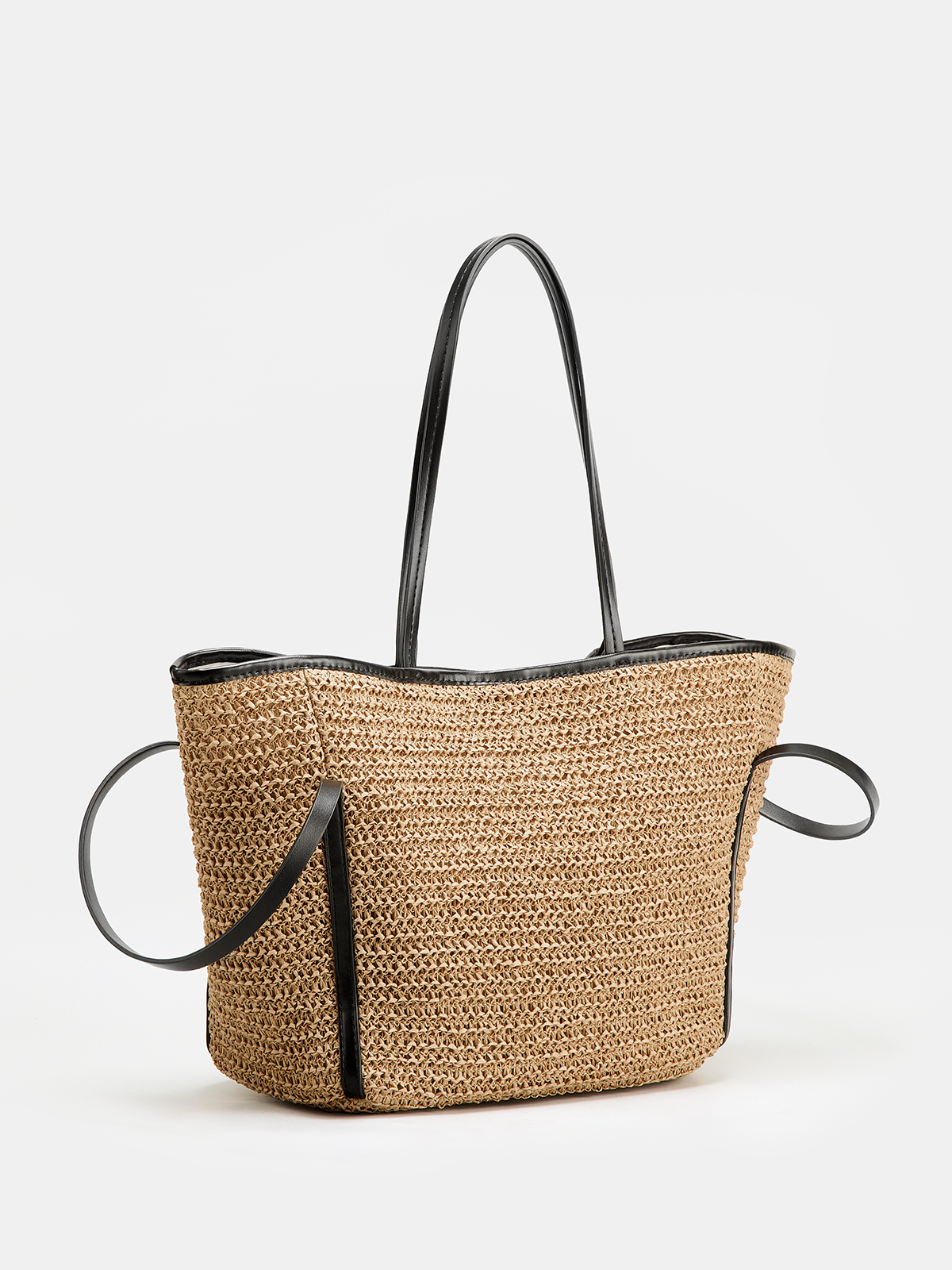 Large Straw Woven Tote Bag with Leather Handles