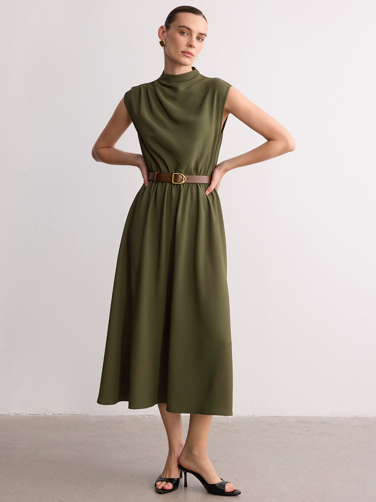 Sleeveless Mock Neck Belted Maxi Dress for Women Summer Casual
