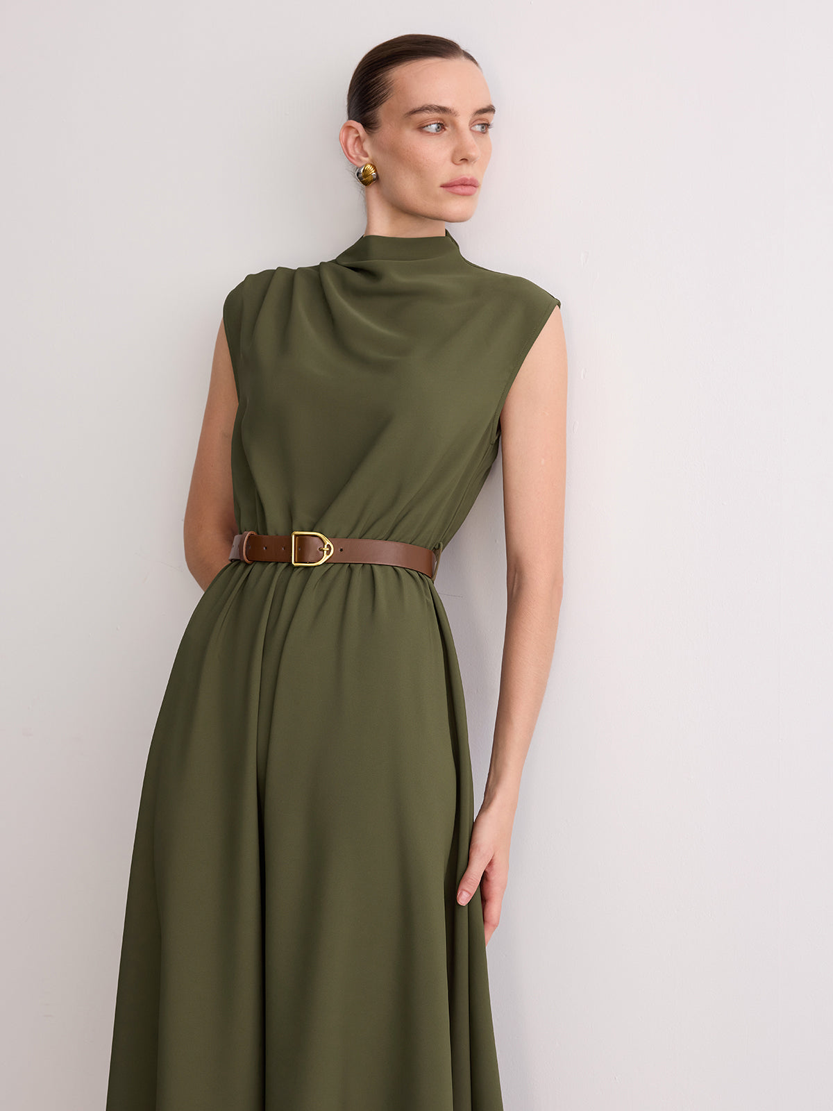 Sleeveless Mock Neck Belted Maxi Dress for Women Summer Casual