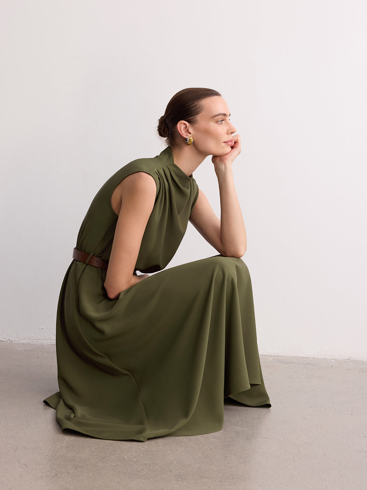 Sleeveless Mock Neck Belted Maxi Dress for Women Summer Casual