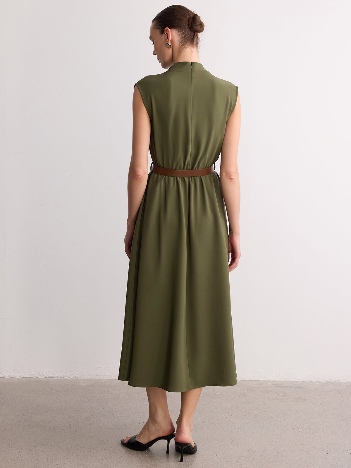 Sleeveless Mock Neck Belted Maxi Dress for Women Summer Casual