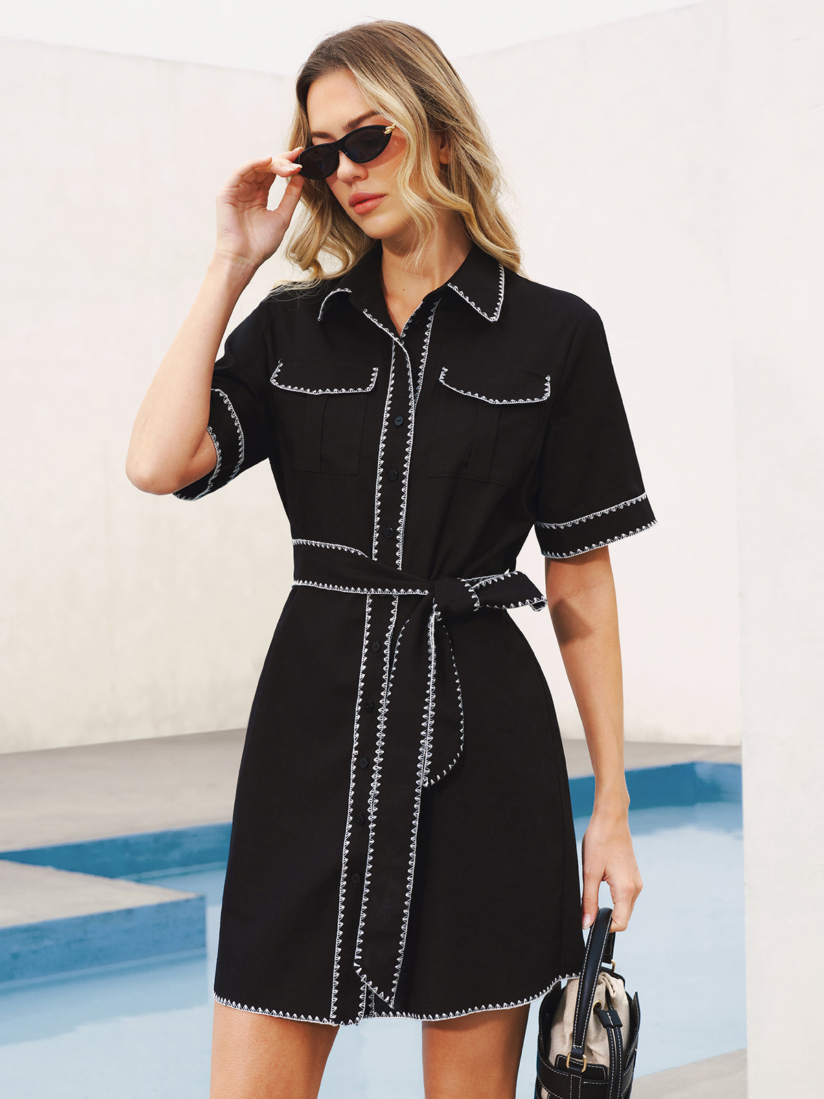 Oversized Contrast Stitch Belted Shirt Dress with Button Front Closure