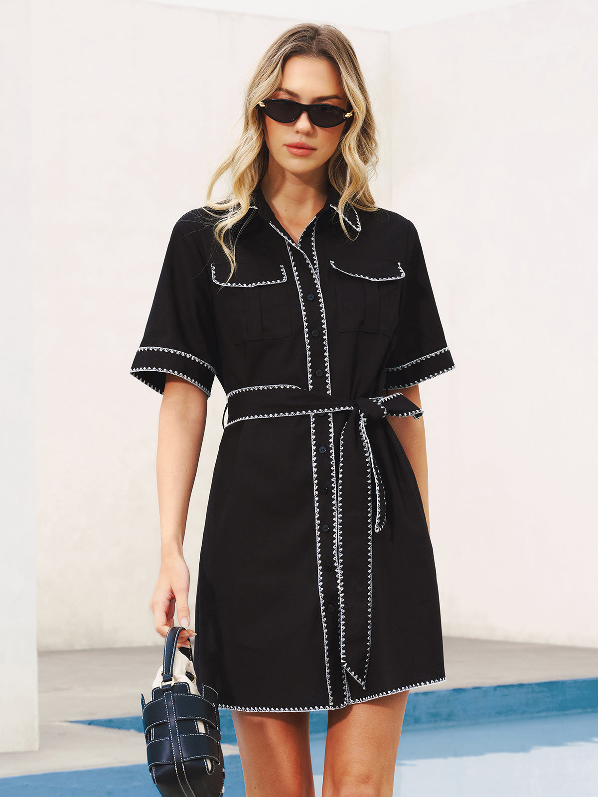 Oversized Contrast Stitch Belted Shirt Dress with Button Front Closure