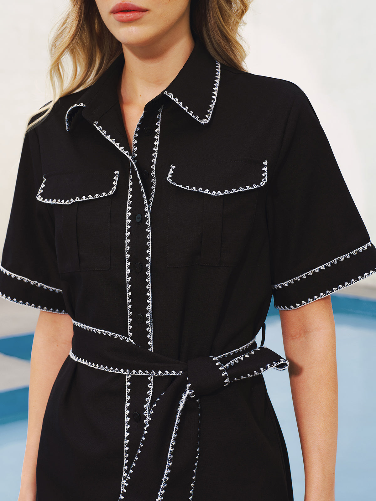 Oversized Contrast Stitch Belted Shirt Dress with Button Front Closure