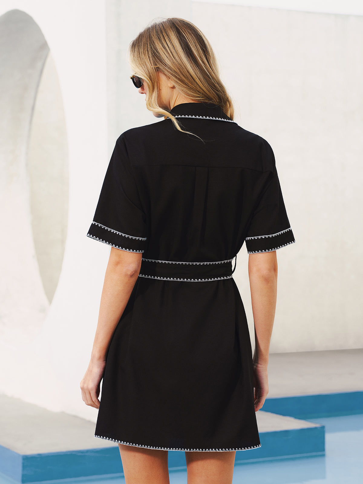 Oversized Contrast Stitch Belted Shirt Dress with Button Front Closure