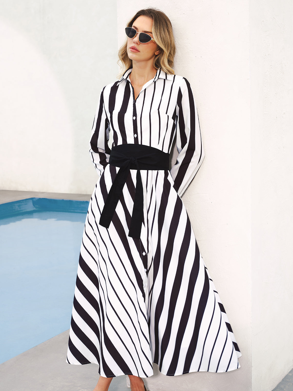 Striped Belted Shirt Midi Dress Women's Casual Spring Outfit