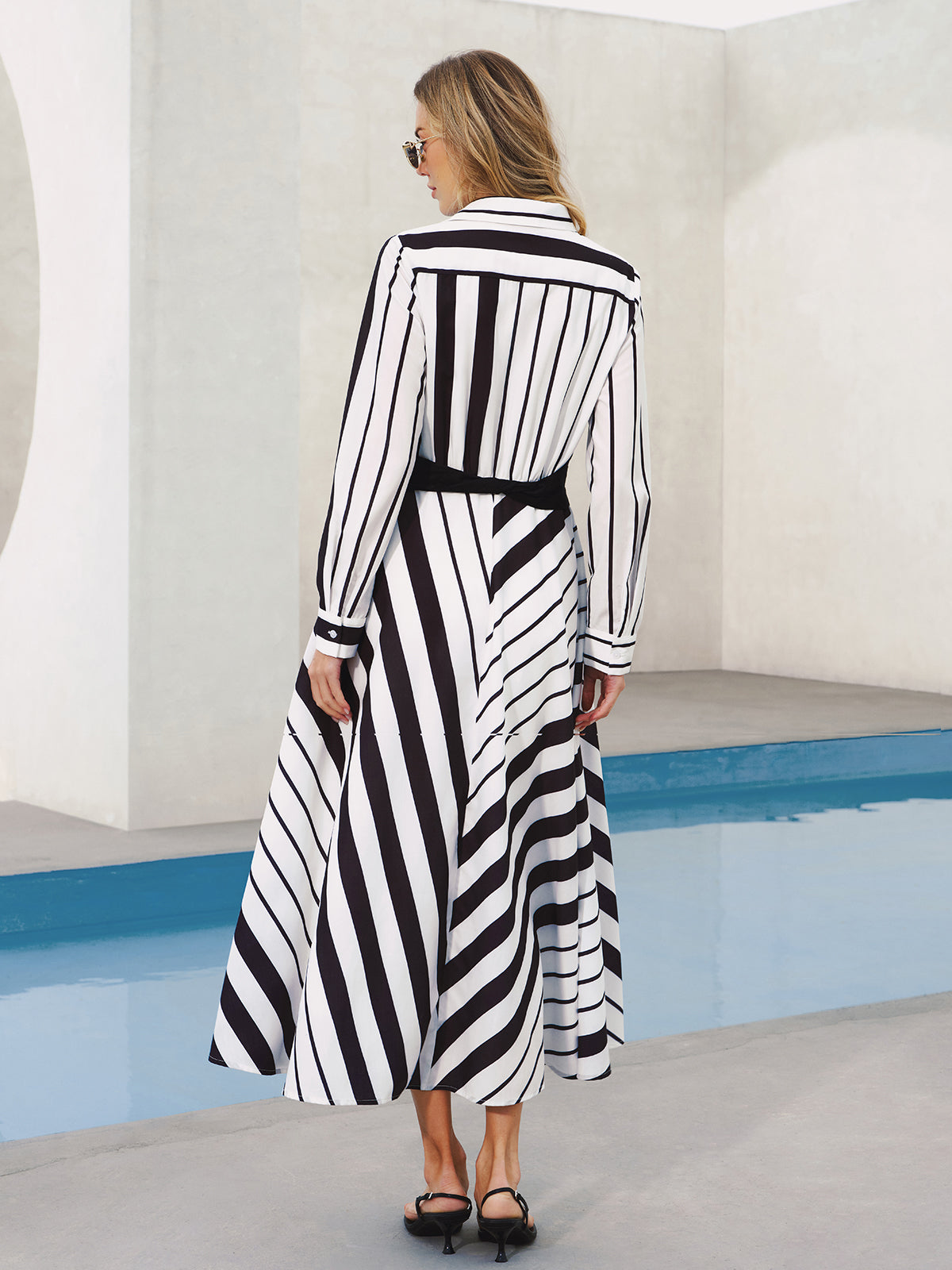 Striped Belted Shirt Midi Dress Women's Casual Spring Outfit