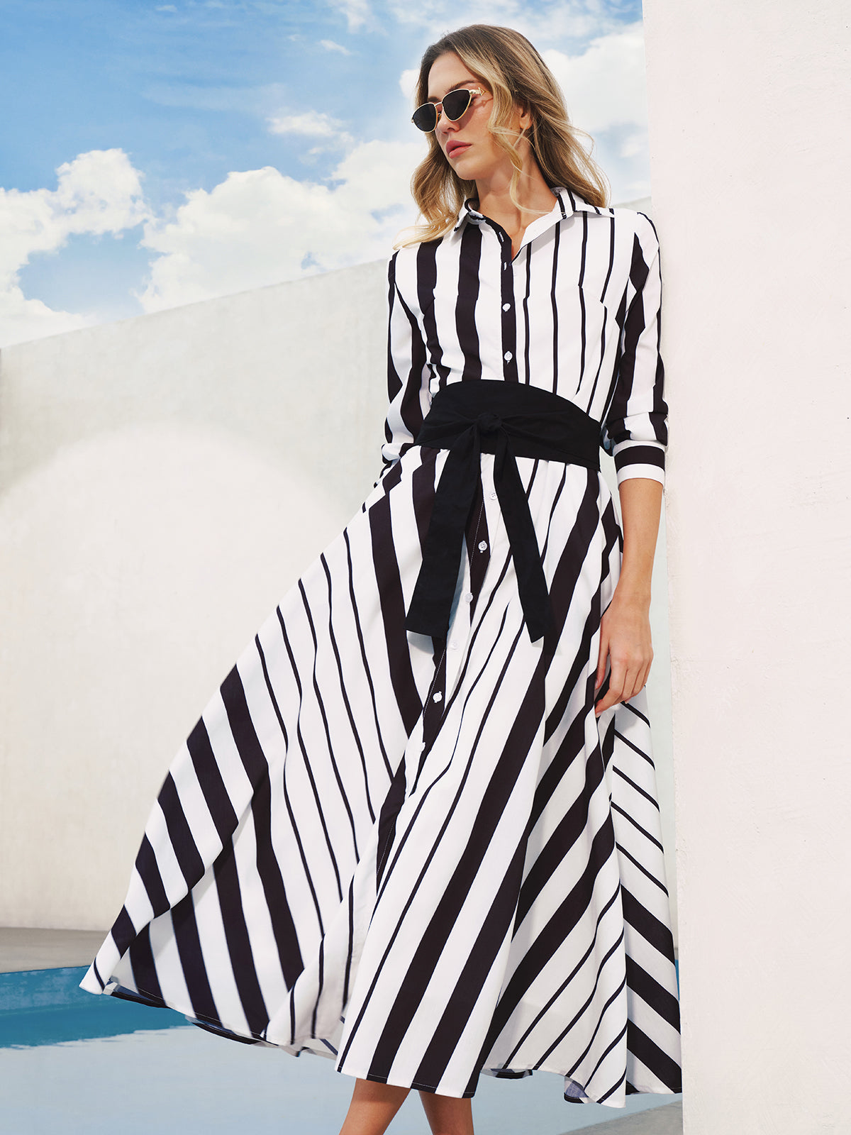 Striped Belted Shirt Midi Dress Women's Casual Spring Outfit