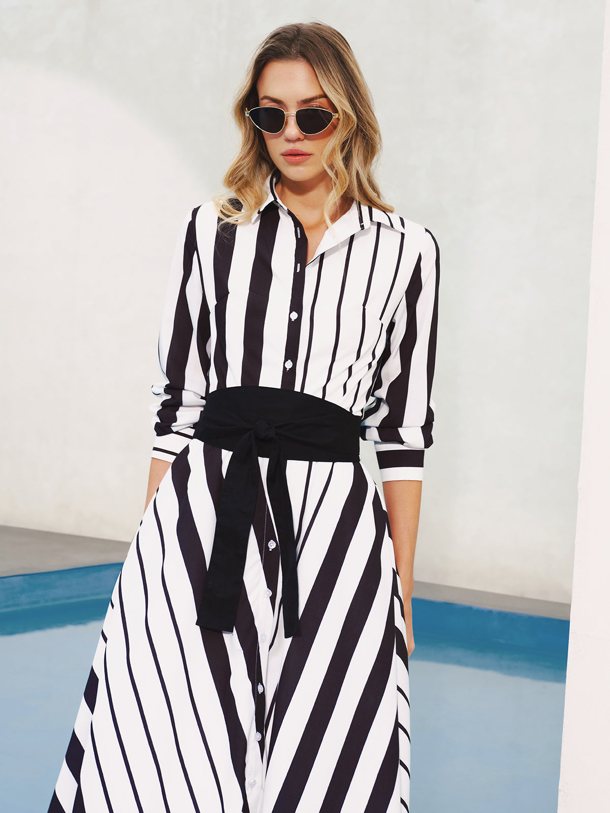 Striped Belted Shirt Midi Dress Women's Casual Spring Outfit
