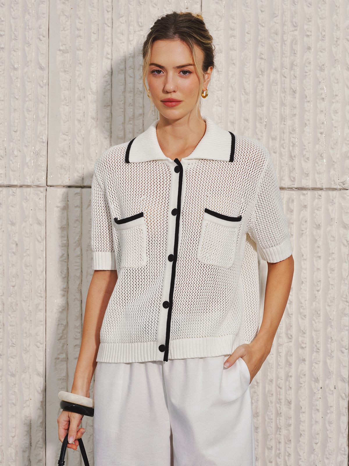 Collared Contrast Trim Open Knit Cardigan with Button Closure Detail