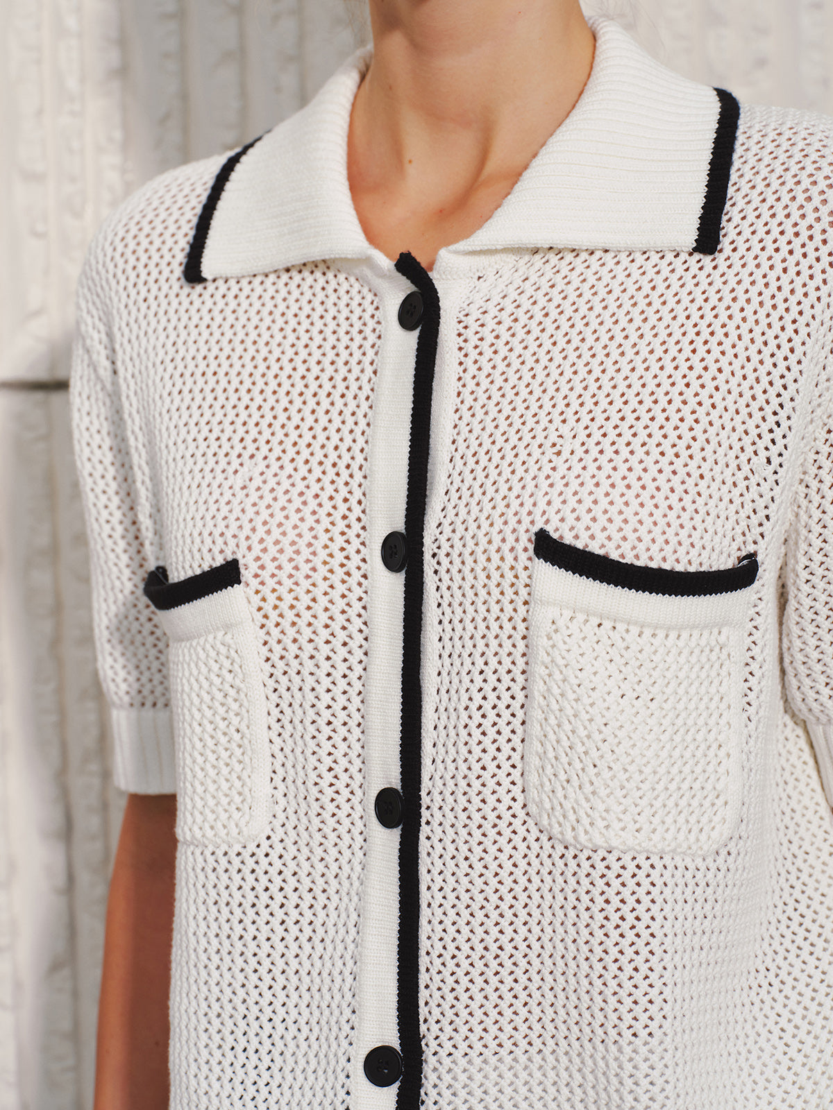 Collared Contrast Trim Open Knit Cardigan with Button Closure Detail