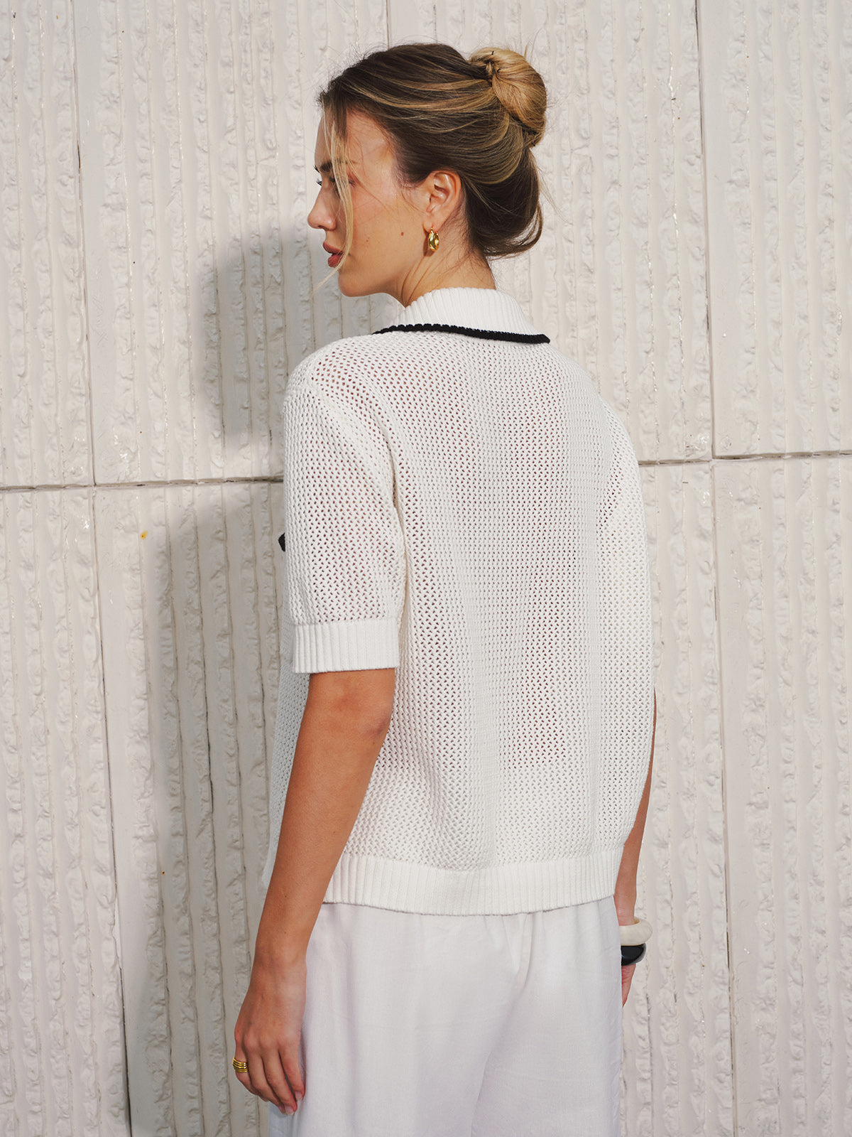 Collared Contrast Trim Open Knit Cardigan with Button Closure Detail