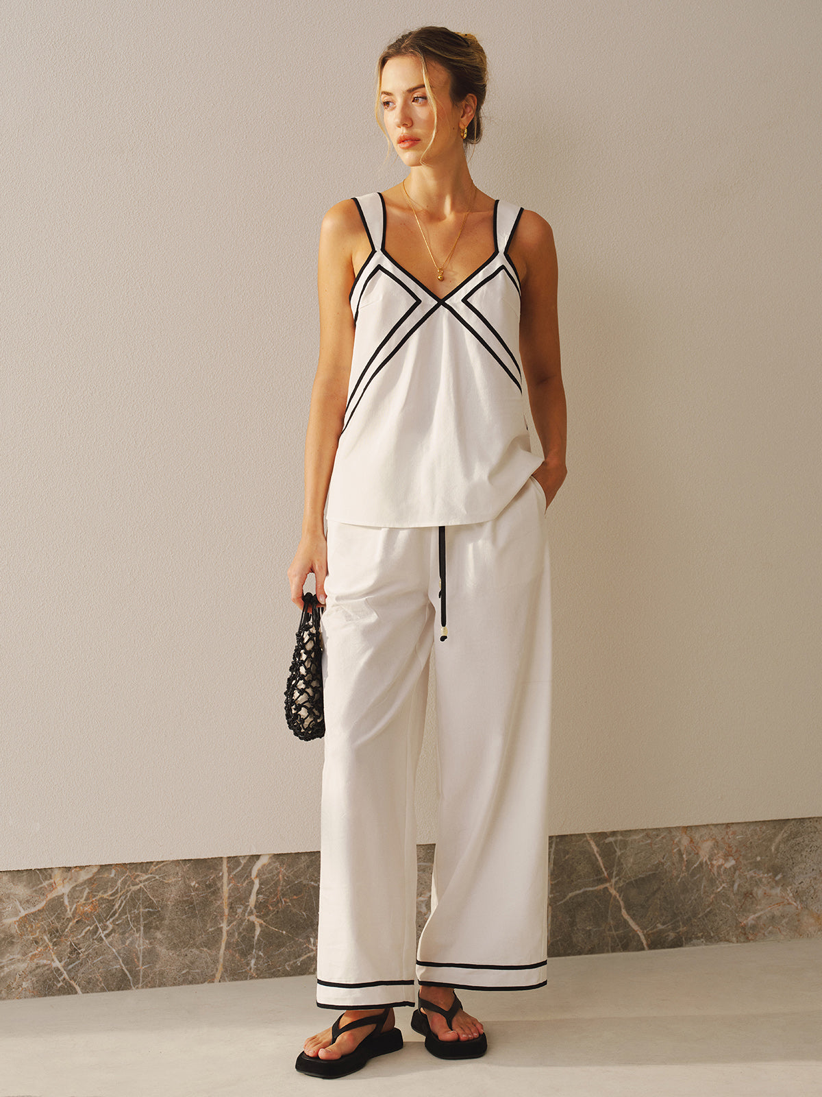 Contrast Trim Cami Top & Wide Leg Pants Set for Women Casualwear