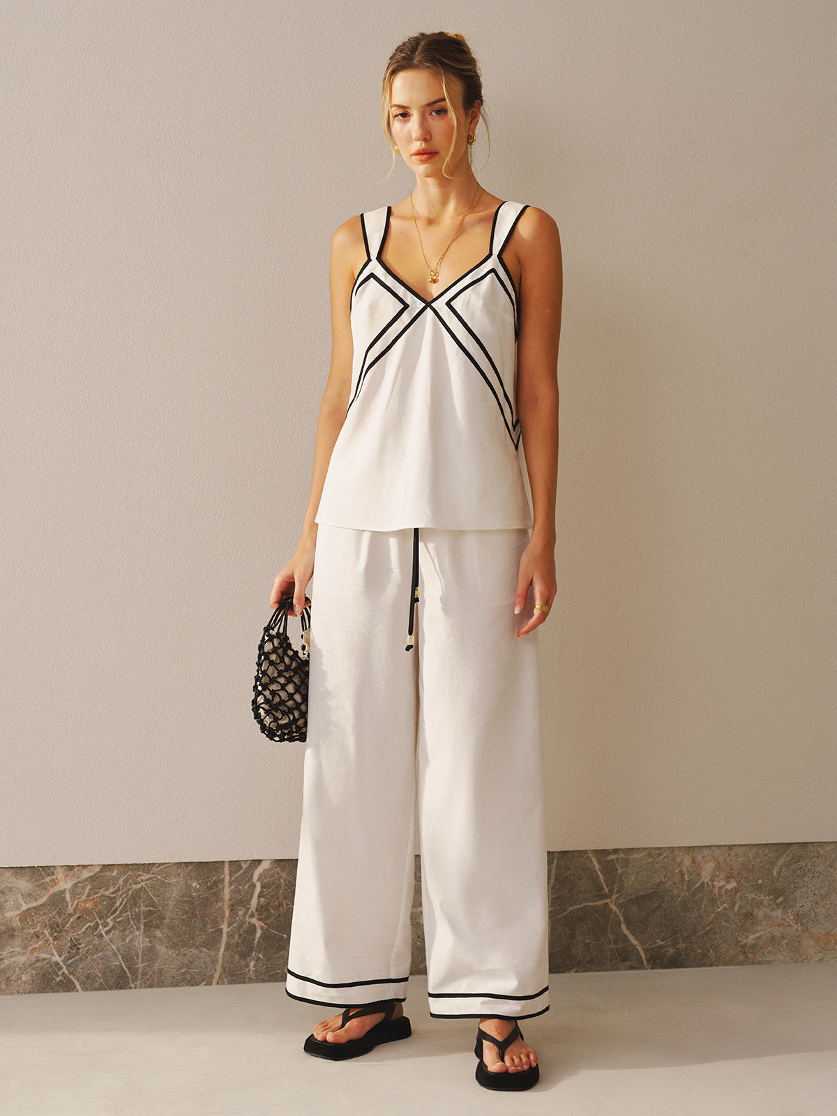 Contrast Trim Cami Top & Wide Leg Pants Set for Women Casualwear