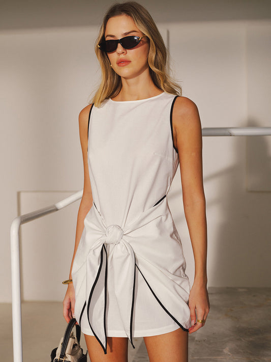 "Sleeveless Cotton-Linen Knot-Waist Mini Dress for Women Casual Summer Style"