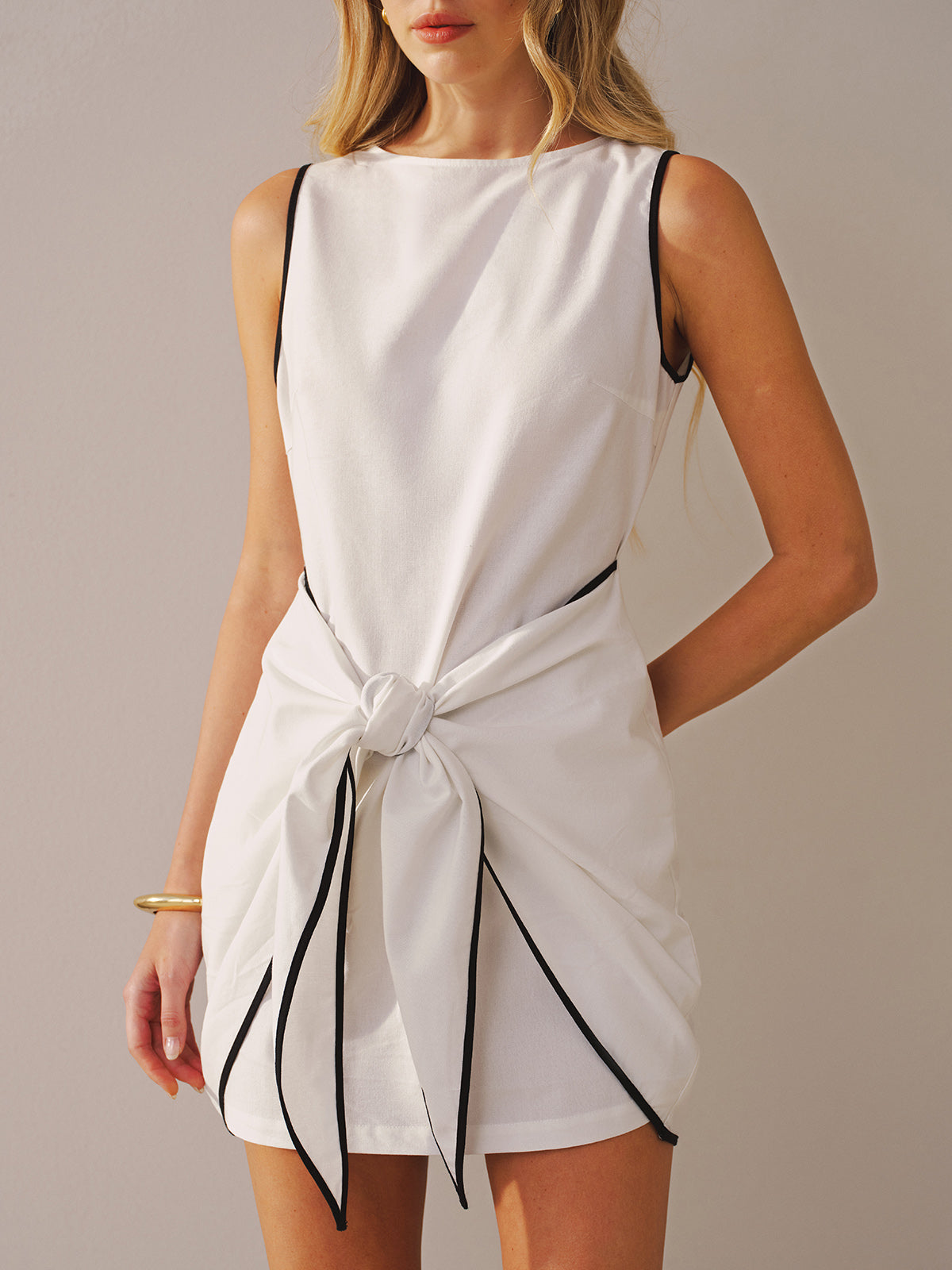 "Sleeveless Cotton-Linen Knot-Waist Mini Dress for Women Casual Summer Style"