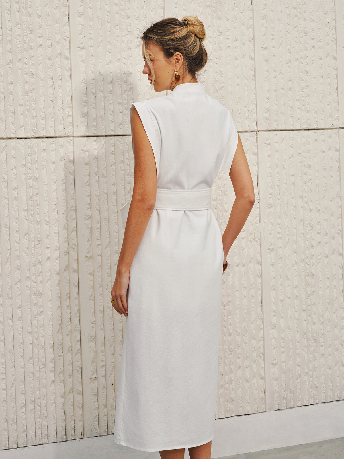 Cotton-Linen Sleeveless V-Neck Bow Split Dress Women's Summer Casual