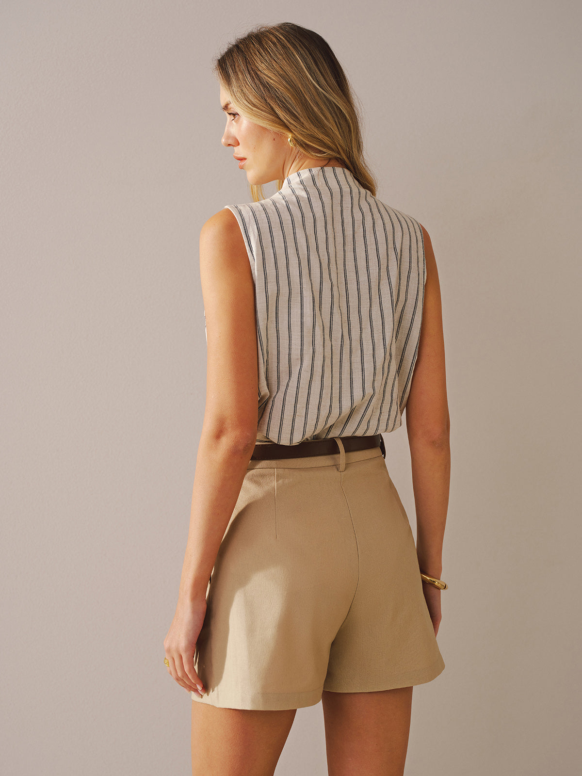 Cotton Linen Striped Sleeveless Wrap Bodysuit for Women Summer Casual