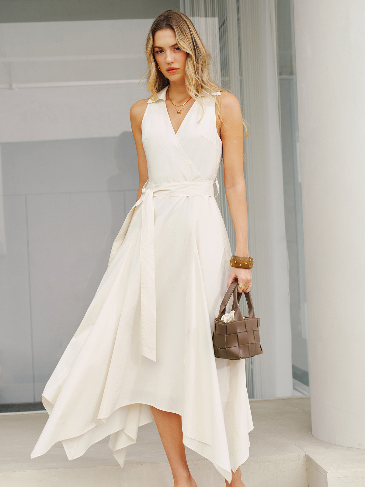 Pocket Detail Sleeveless Belted Maxi Dress for Women Summer Casual