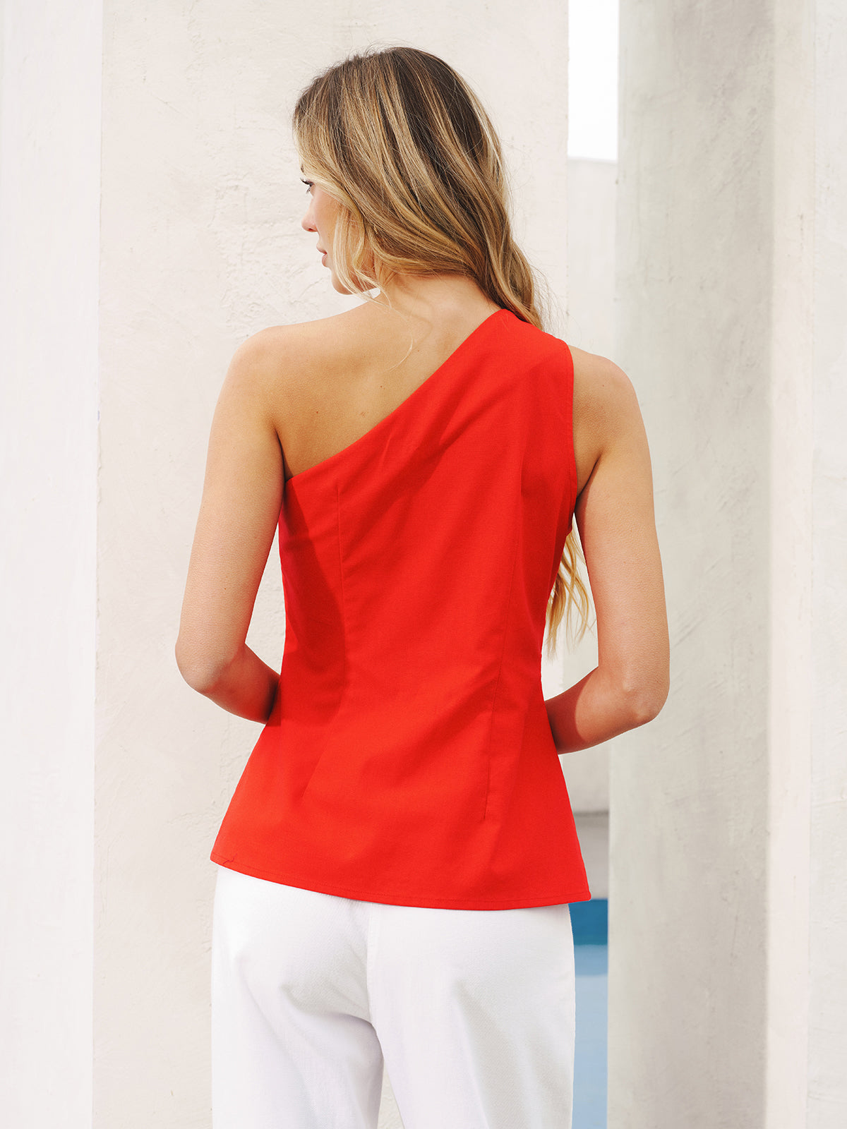 One-Shoulder Button Detail Linen-Blend Top for Women Summer Fashion