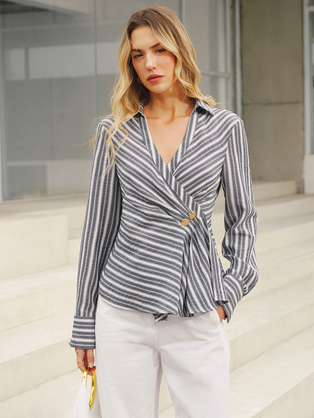 Striped Wrap V-Neck Shirt Comfort Fit Casual Style