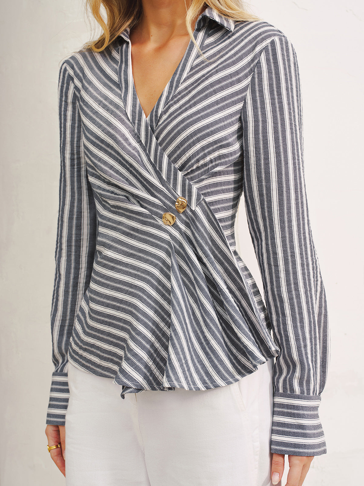 Striped Wrap V-Neck Shirt Comfort Fit Casual Style