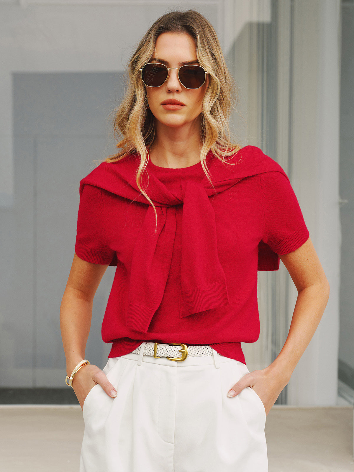 Wool Blend Scarf Detail Knit Short Sleeve Top, Comfortable Lightweight Summer Fashion