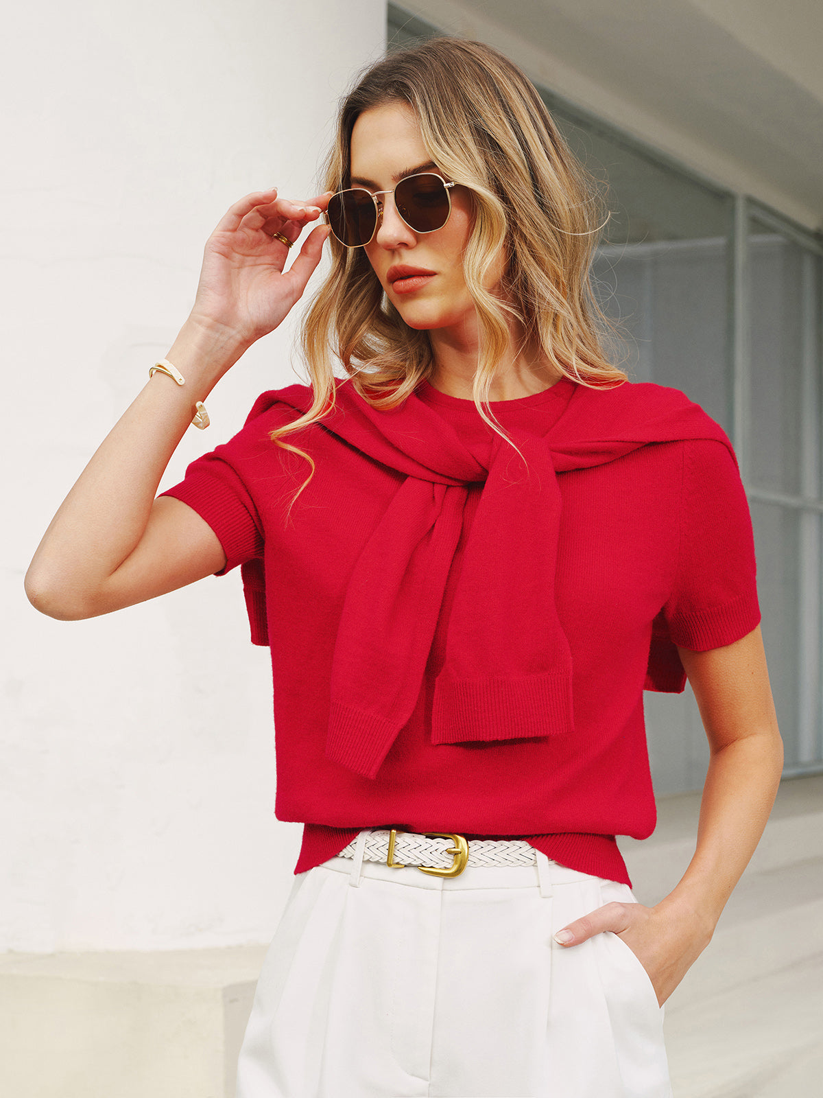 Wool Blend Scarf Detail Knit Short Sleeve Top, Comfortable Lightweight Summer Fashion