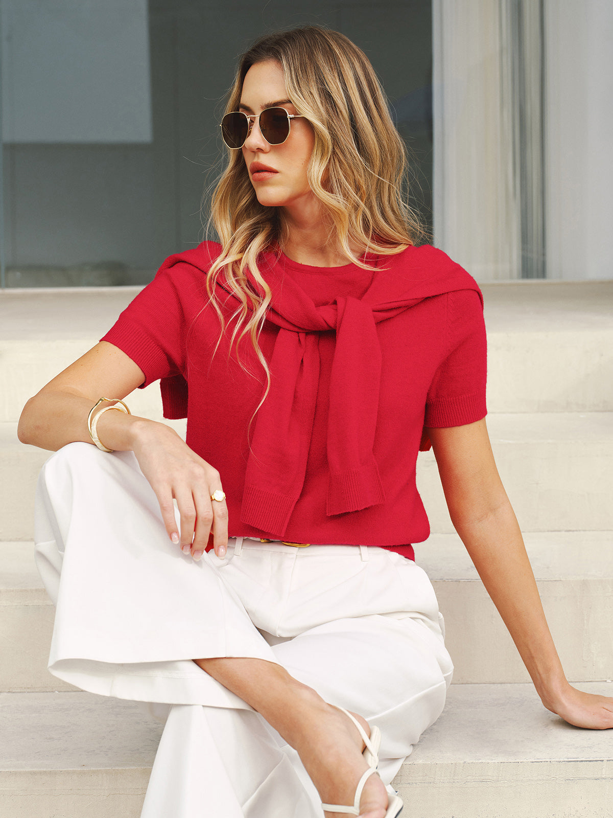 Wool Blend Scarf Detail Knit Short Sleeve Top, Comfortable Lightweight Summer Fashion