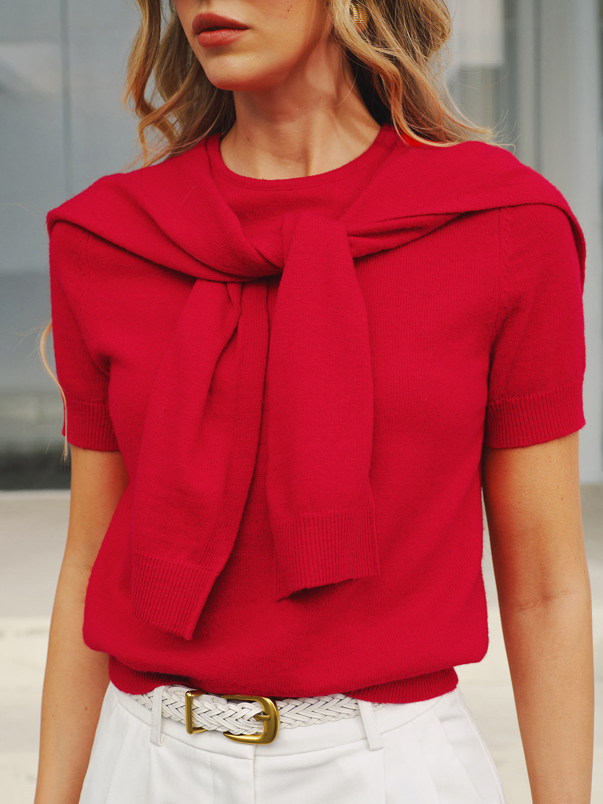 Wool Blend Scarf Detail Knit Short Sleeve Top, Comfortable Lightweight Summer Fashion