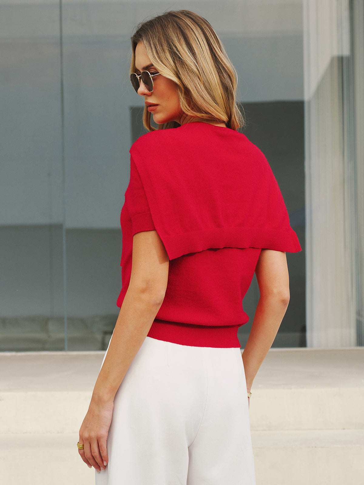 Wool Blend Scarf Detail Knit Short Sleeve Top, Comfortable Lightweight Summer Fashion