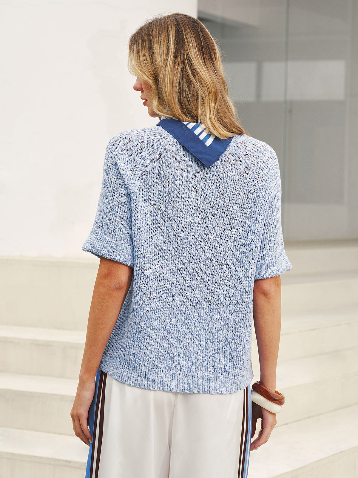 Open Knit Short Sleeve Sweater with Striped Scarf, Lightweight Casual Summer Style