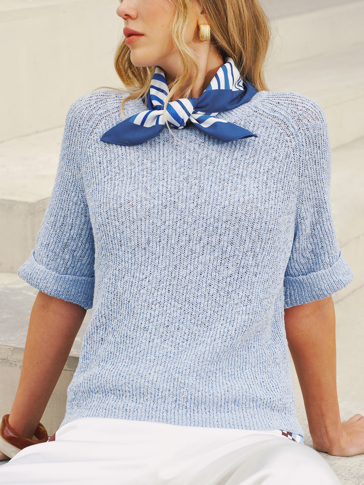 Open Knit Short Sleeve Sweater with Striped Scarf, Lightweight Casual Summer Style