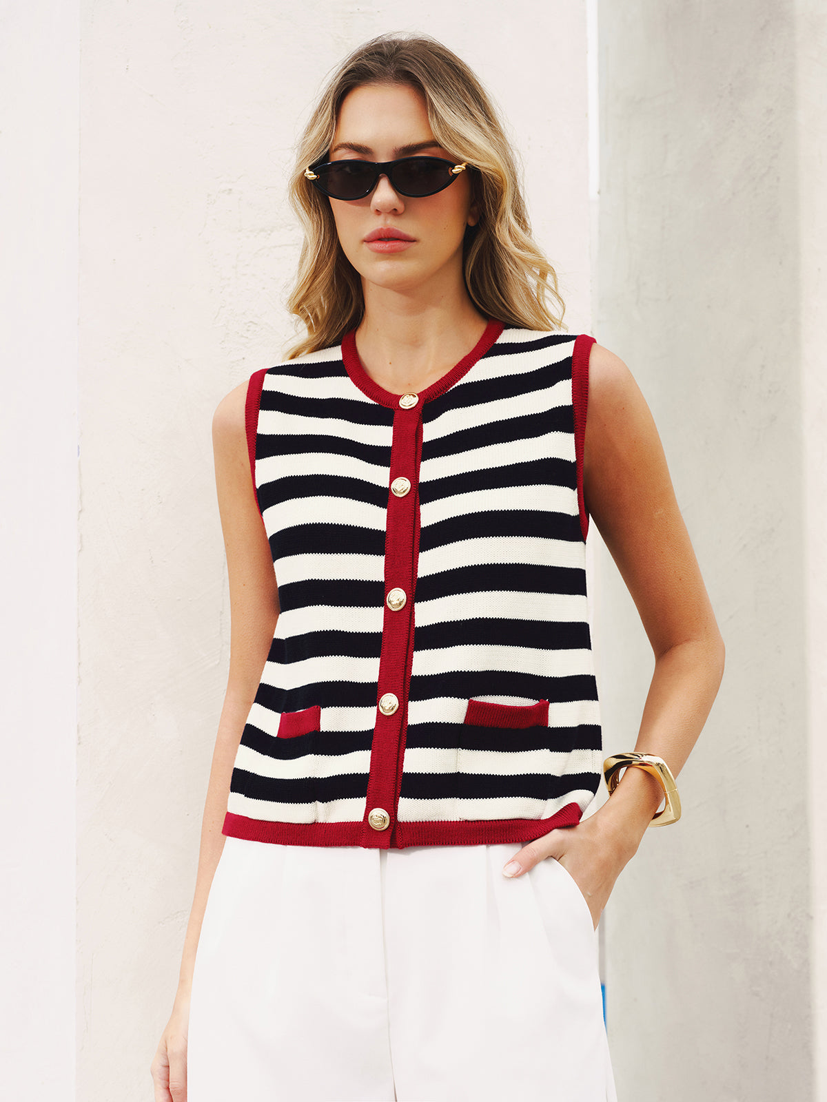 Striped Sleeveless Buttoned Sweater Vest for Casual Layering