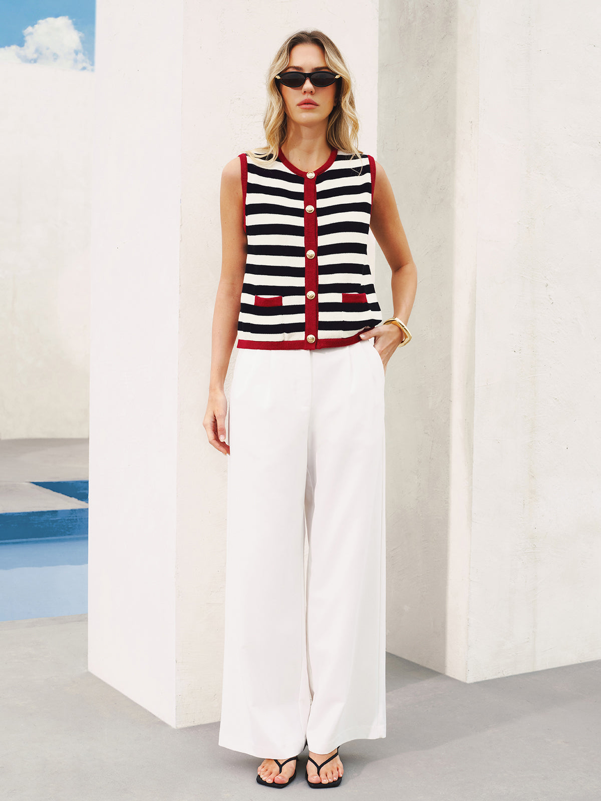 Striped Sleeveless Buttoned Sweater Vest for Casual Layering
