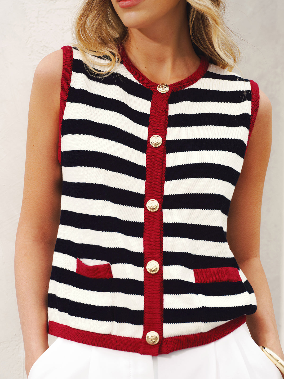 Striped Sleeveless Buttoned Sweater Vest for Casual Layering