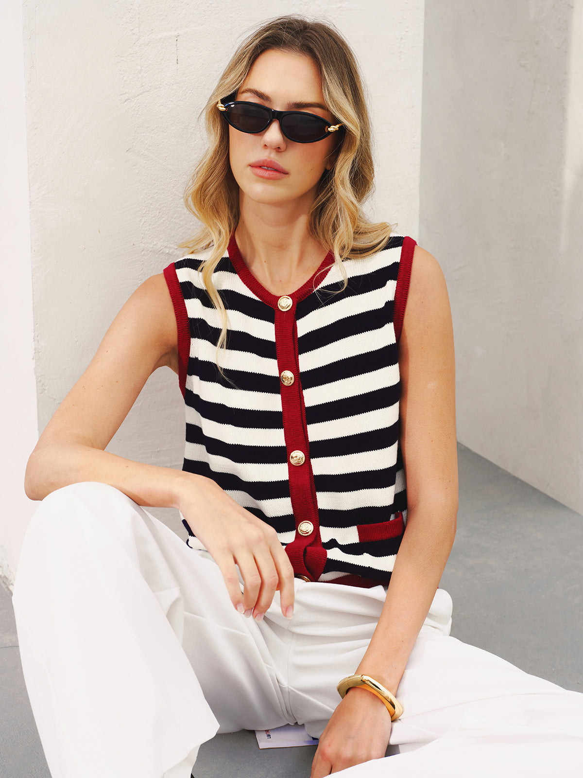 Striped Sleeveless Buttoned Sweater Vest for Casual Layering