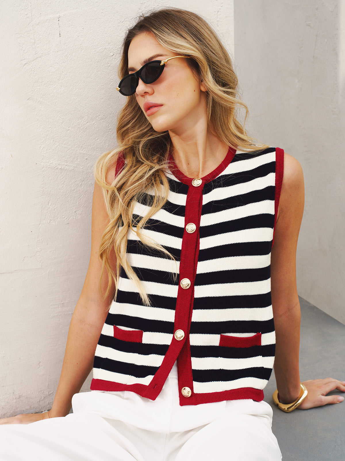 Striped Sleeveless Buttoned Sweater Vest for Casual Layering