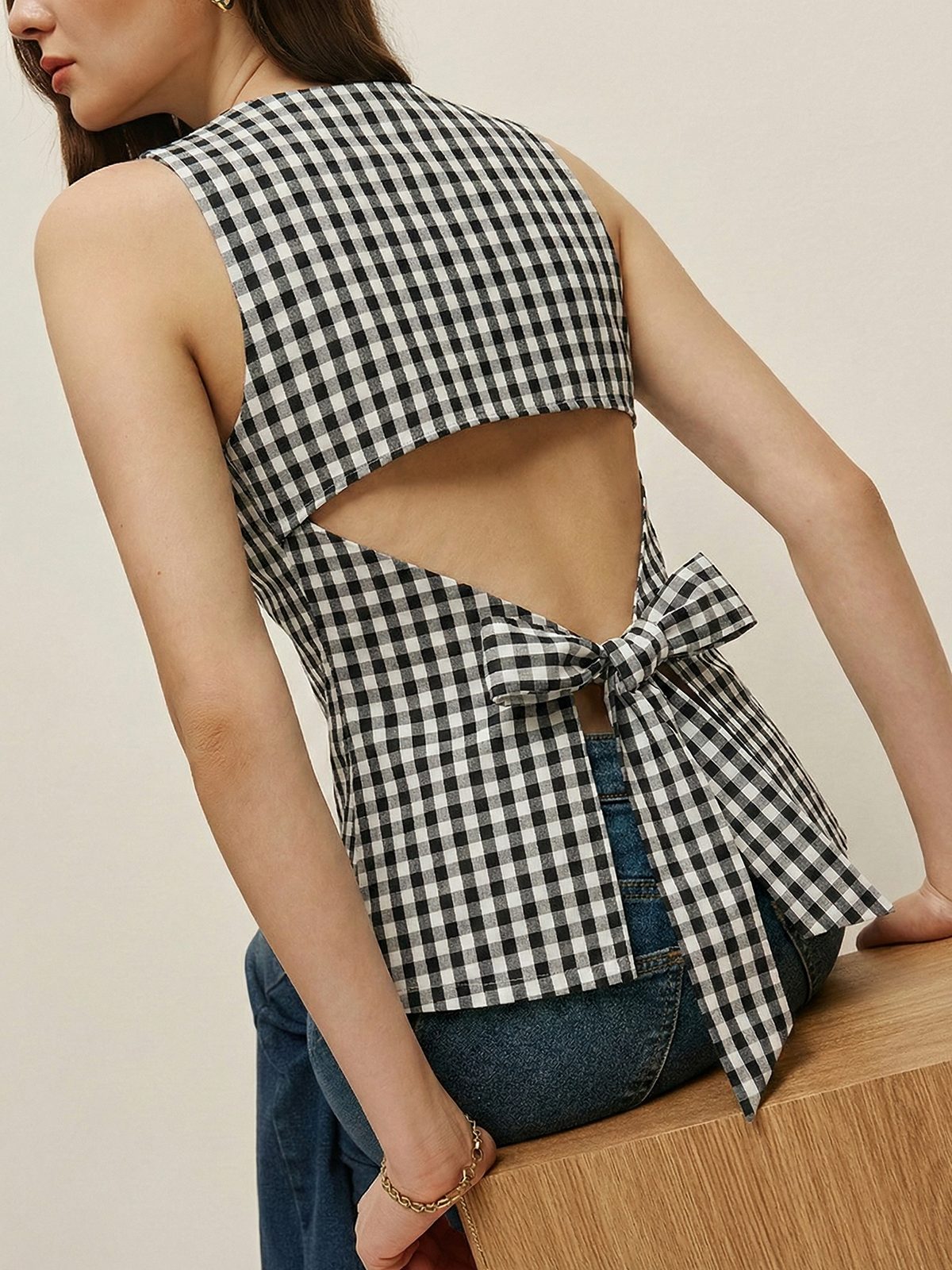 Gingham Bow Backless Sleeveless Top for Women Summer Casual