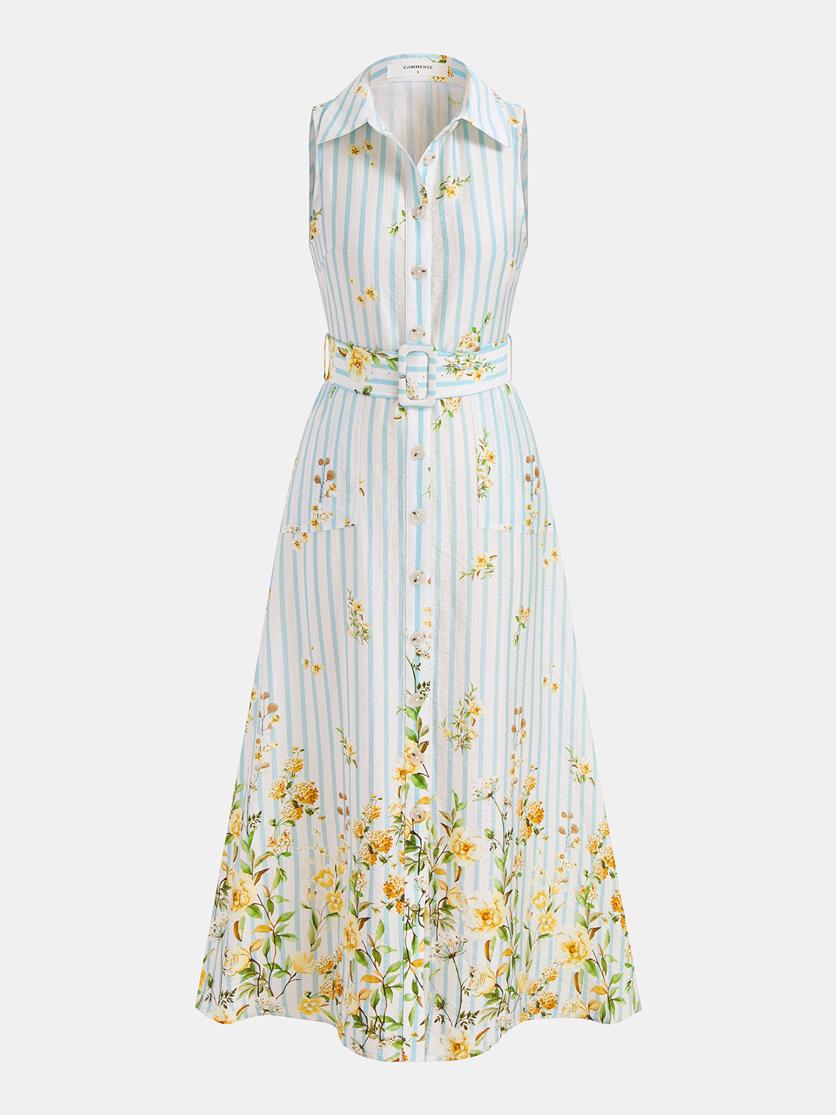 Floral Striped Sleeveless Belted Midi Dress for Women Casual Summer