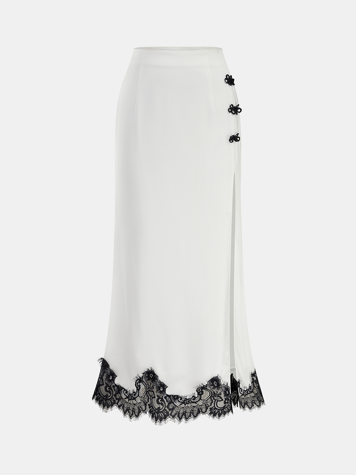 Knot Button Satin Lace Split Maxi Skirt Elegant Evening Wear