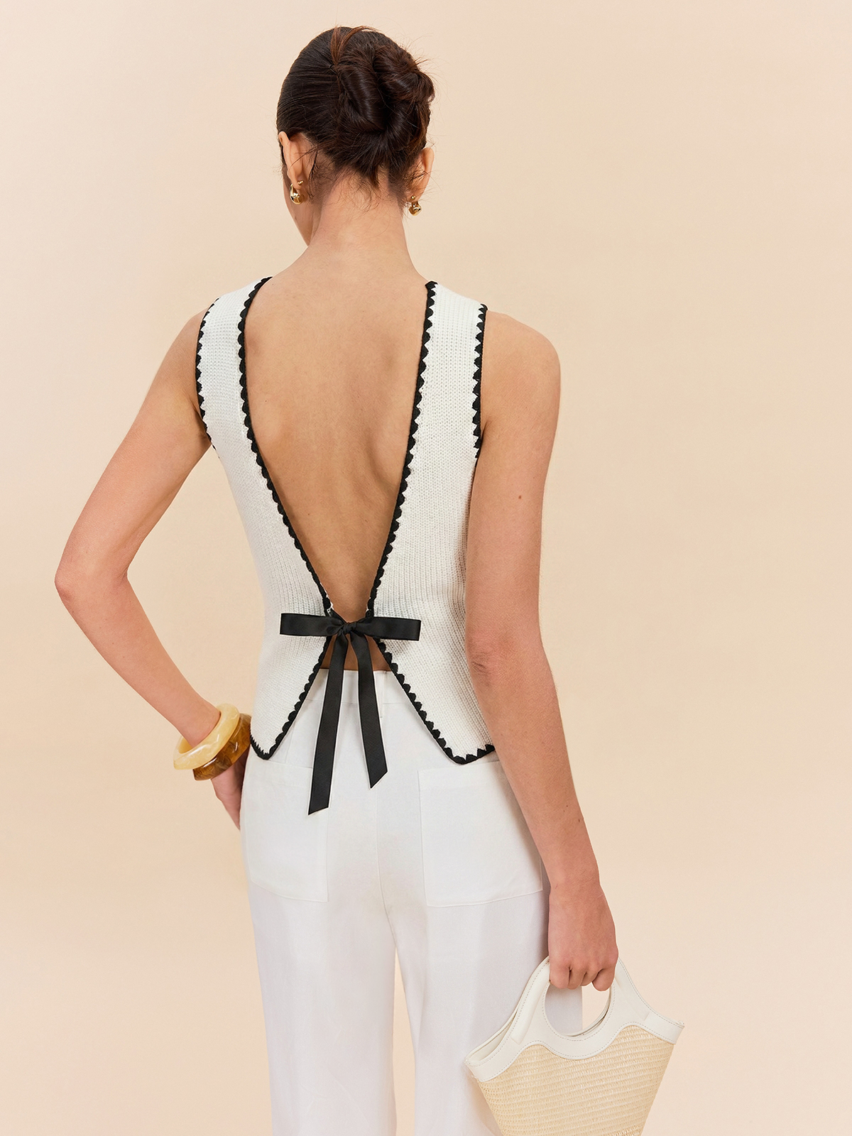 Scalloped Trim Tie-Back Sweater Vest for Layering Outfits