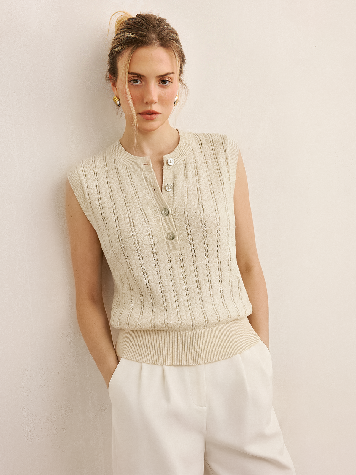 Cable Knit Sleeveless Henley Sweater Vest for Women Comfortable Layering Piece